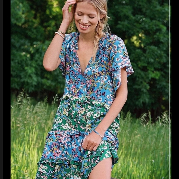 Anthropolgie Robin Tiered Ruffled Mini Dress Blue Green Womens Large - Picture 2 of 12